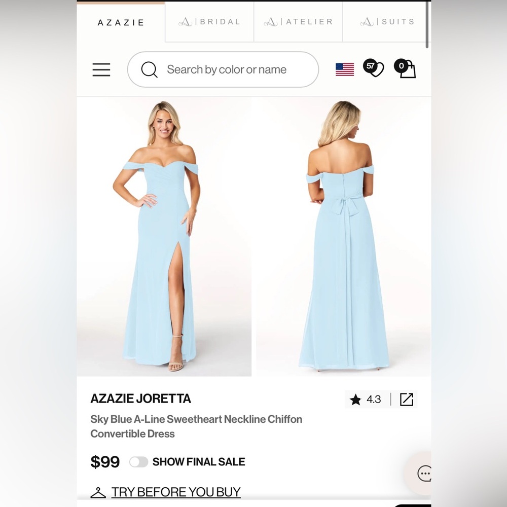 Azazie Joretta chiffon sky blue bridesmaid dress (custom size - close to A2/A4)